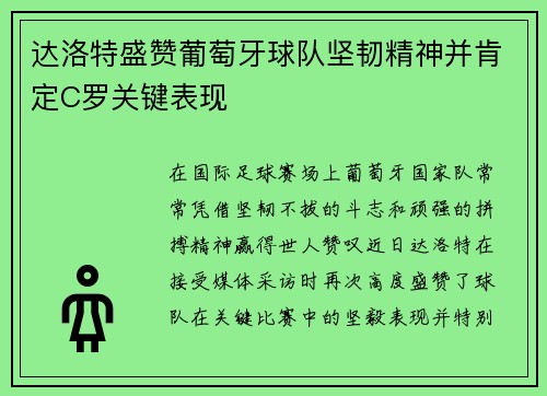 达洛特盛赞葡萄牙球队坚韧精神并肯定C罗关键表现 达洛特盛赞葡萄牙球队坚韧精神并肯定C罗关键表现